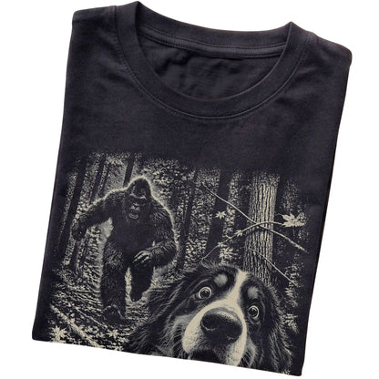 Black Bernese Mountain Dog Bigfoot selfie T-shirt, close-up view