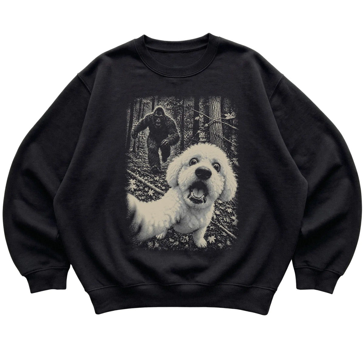 Black Bichon Frise Bigfoot selfie sweatshirt, full garment view