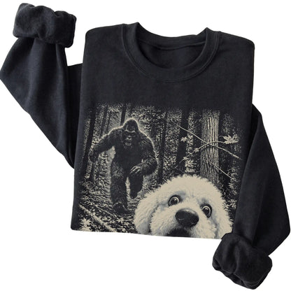 Black Bichon Frise Bigfoot selfie sweatshirt, close-up view