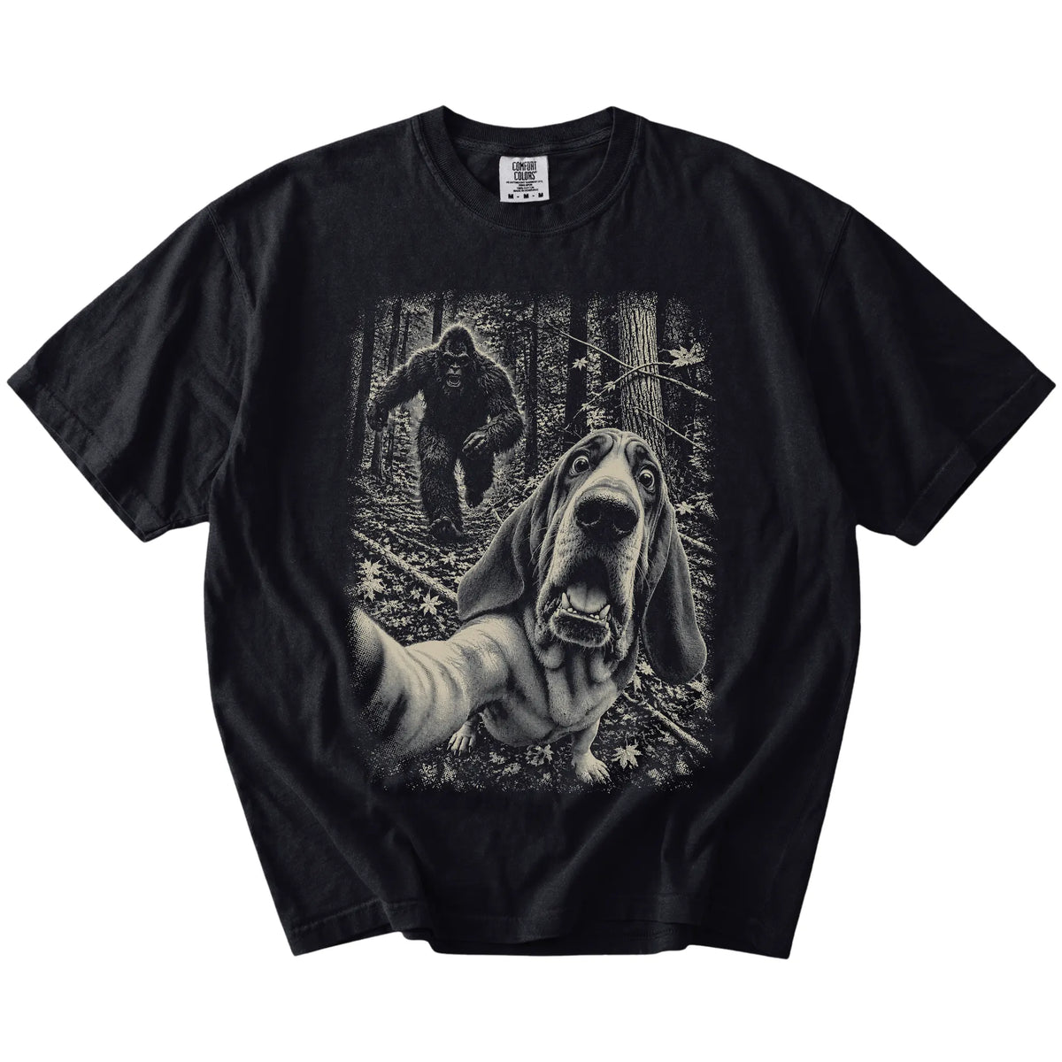 Black Bloodhound Bigfoot selfie T-shirt, full garment view