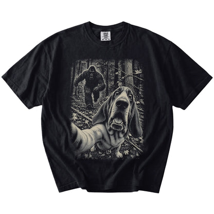 Black Bloodhound Bigfoot selfie T-shirt, full garment view