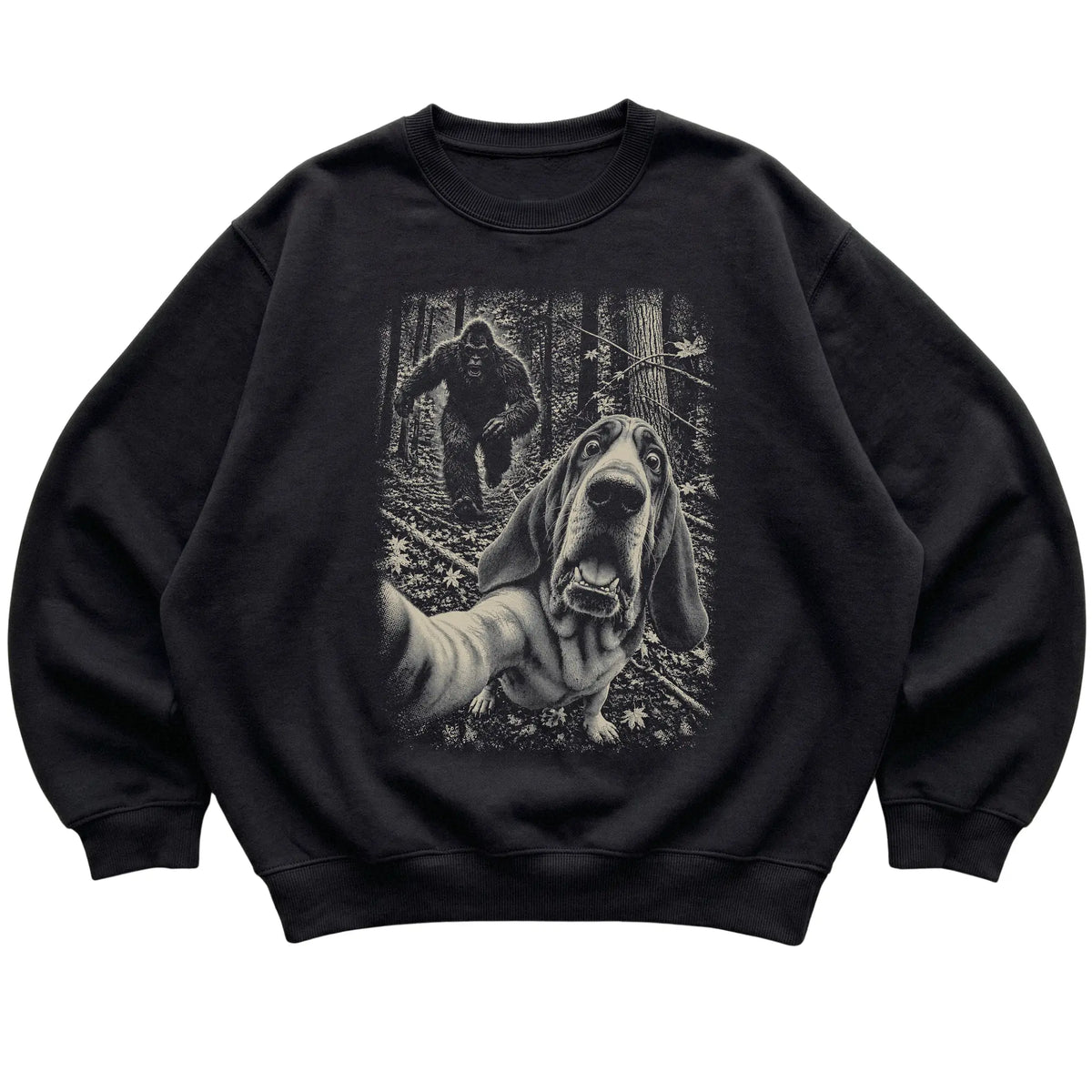 Black Bloodhound Bigfoot selfie sweatshirt, full garment view