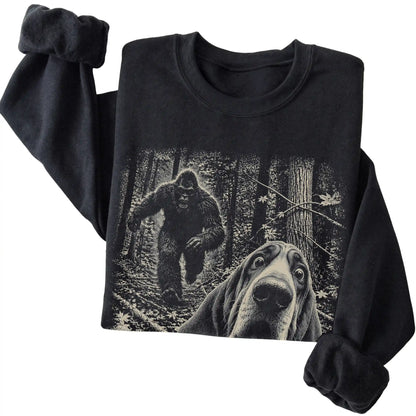 Black Bloodhound Bigfoot selfie sweatshirt, close-up view
