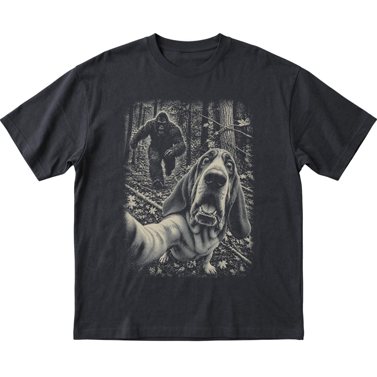 Black Bloodhound Bigfoot selfie T-shirt, full garment view