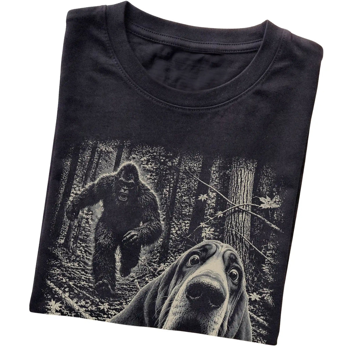 Black Bloodhound Bigfoot selfie T-shirt, close-up view