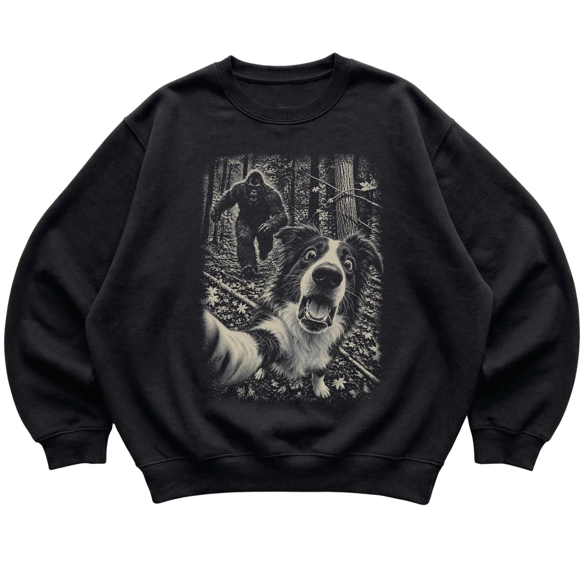 Black Border Collie Bigfoot selfie sweatshirt, full garment view