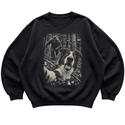 Black Border Collie Bigfoot selfie sweatshirt, full garment view