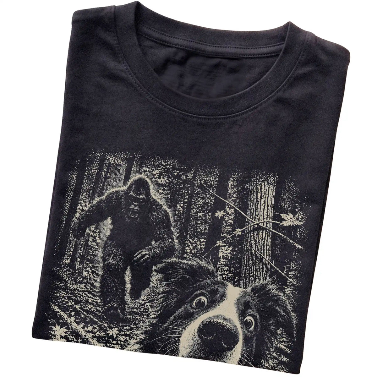 Black Border Collie Bigfoot selfie T-shirt, close-up view