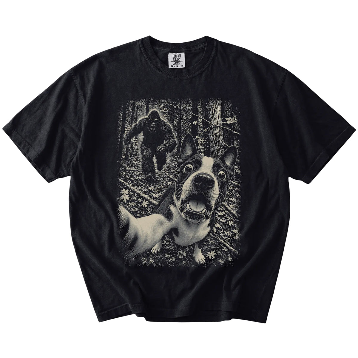 Black Boston Terrier Bigfoot selfie T-shirt, full garment view