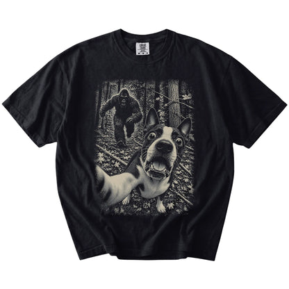 Black Boston Terrier Bigfoot selfie T-shirt, full garment view