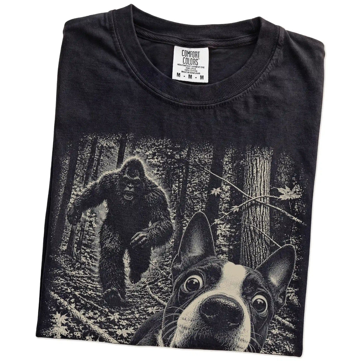 Black Boston Terrier Bigfoot selfie T-shirt, close-up view