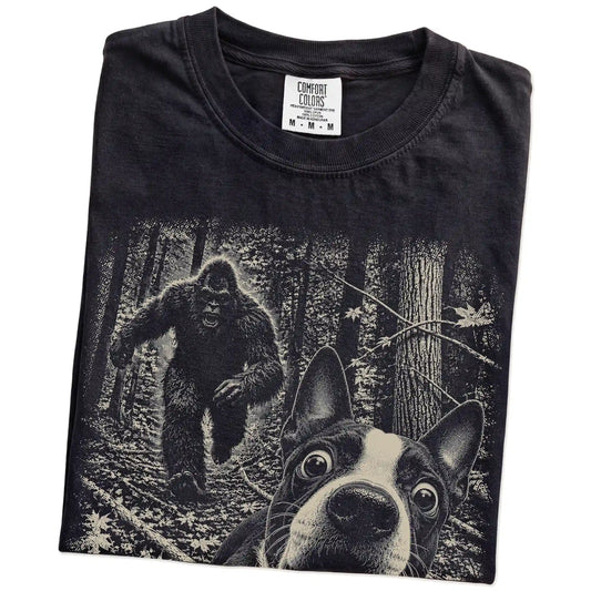 Black Boston Terrier Bigfoot selfie T-shirt, close-up view