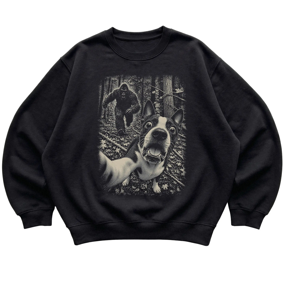 Black Boston Terrier Bigfoot selfie sweatshirt, full garment view