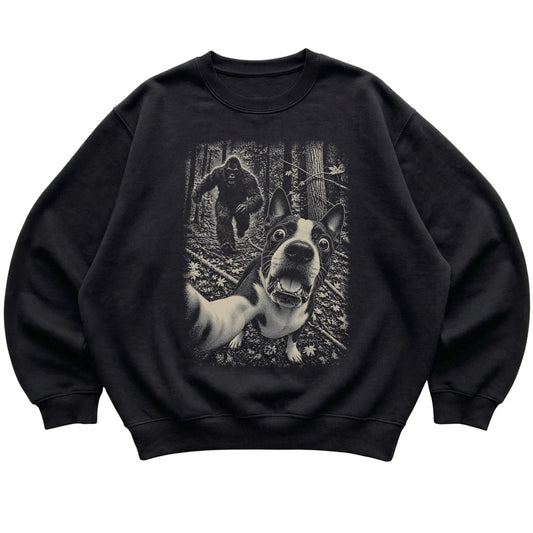 Black Boston Terrier Bigfoot selfie sweatshirt, full garment view