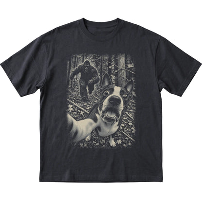 Black Boston Terrier Bigfoot selfie T-shirt, full garment view