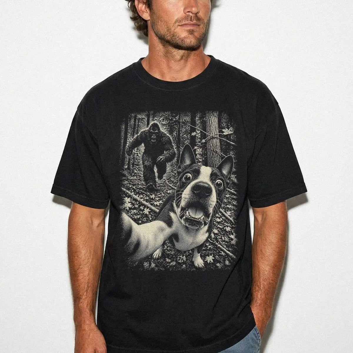 Black Boston Terrier Bigfoot selfie T-shirt, worn by a model