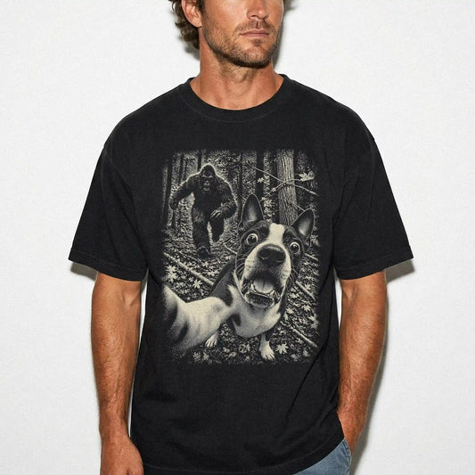 Black Boston Terrier Bigfoot selfie T-shirt, worn by a model