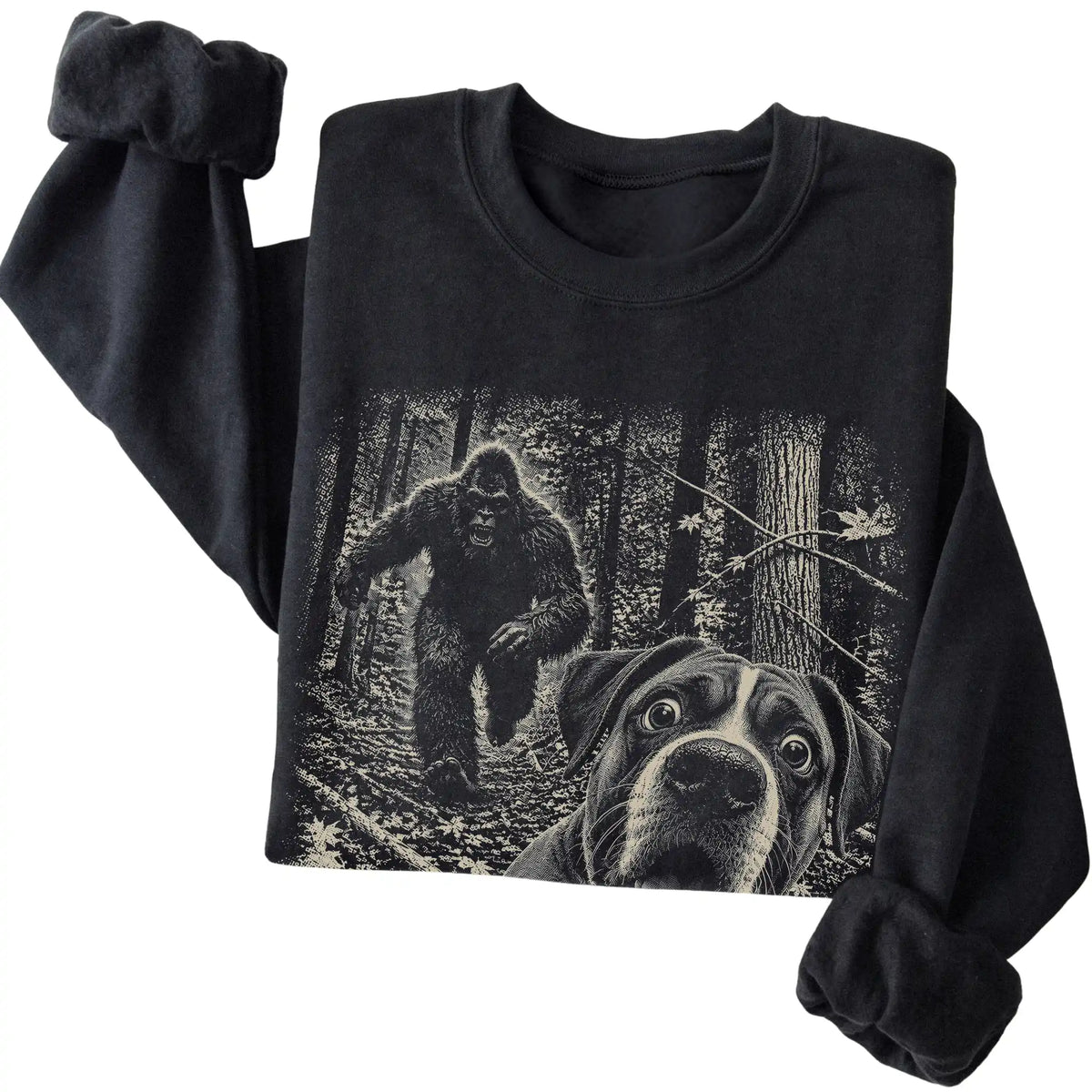 Black Boxer Bigfoot selfie sweatshirt, close-up view