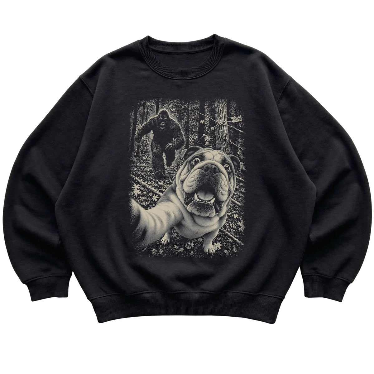 Black English Bulldog Bigfoot selfie sweatshirt, full garment view