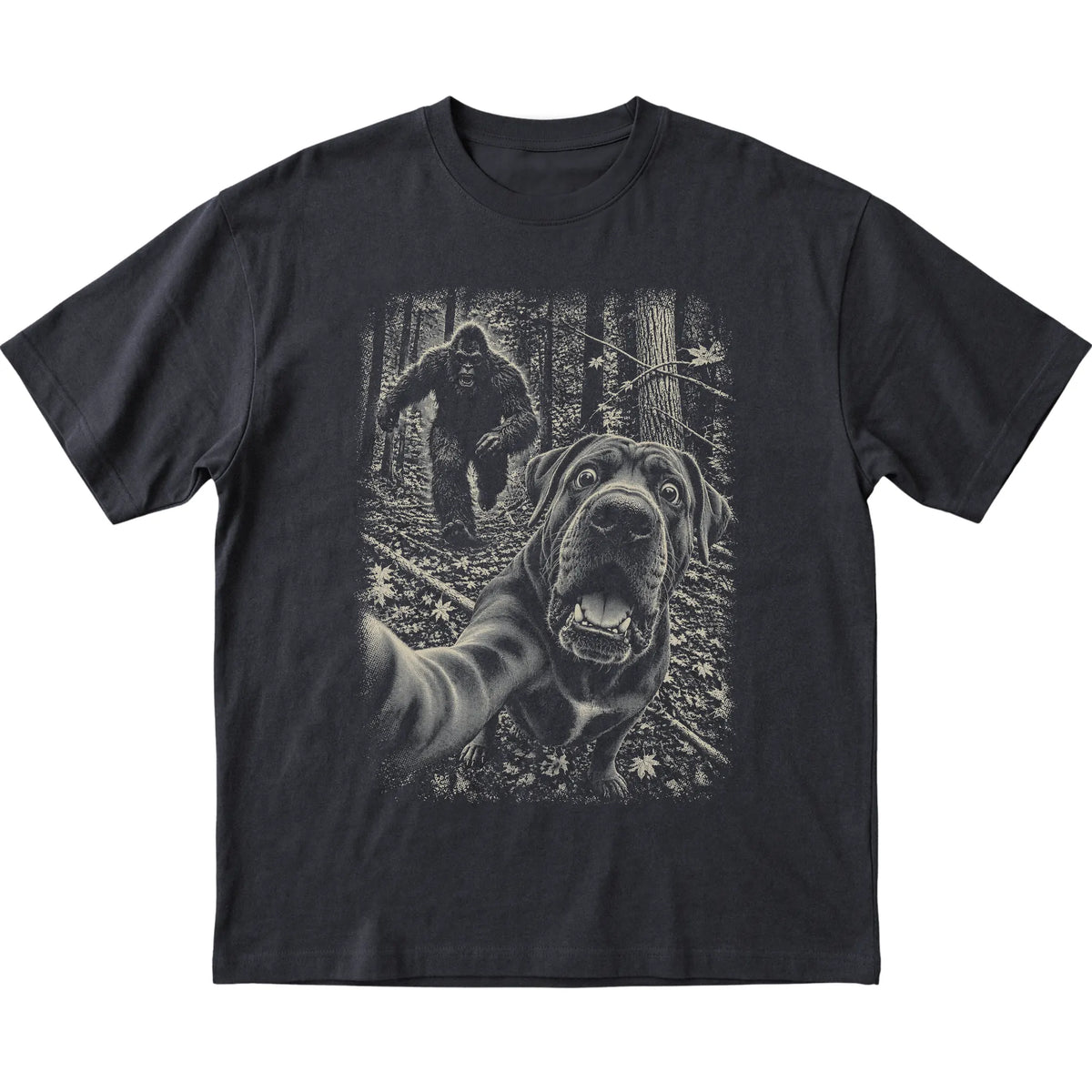 Black Cane Corso Bigfoot selfie T-shirt, full garment view