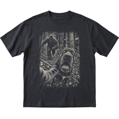 Black Cane Corso Bigfoot selfie T-shirt, full garment view