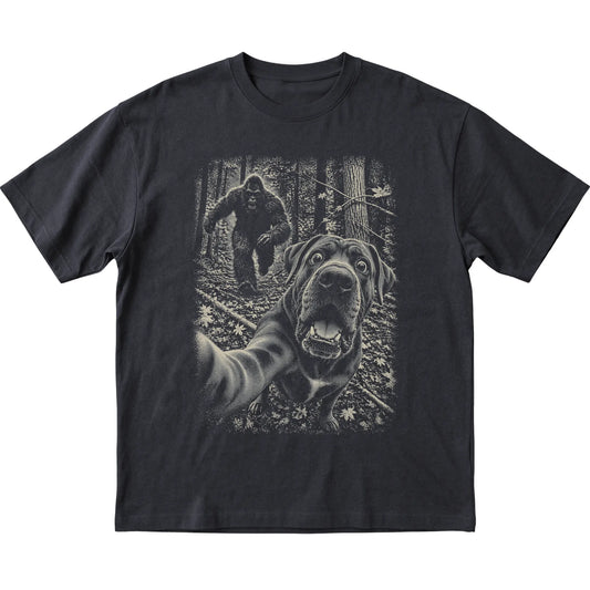 Black Cane Corso Bigfoot selfie T-shirt, full garment view
