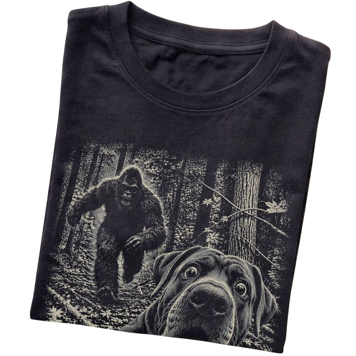 Black Cane Corso Bigfoot selfie T-shirt, close-up view