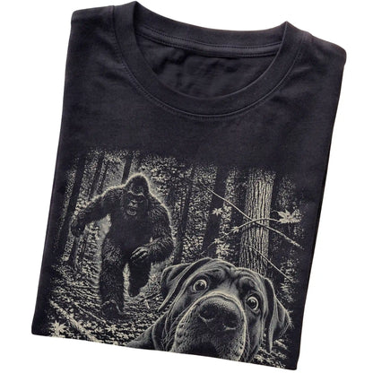 Black Cane Corso Bigfoot selfie T-shirt, close-up view