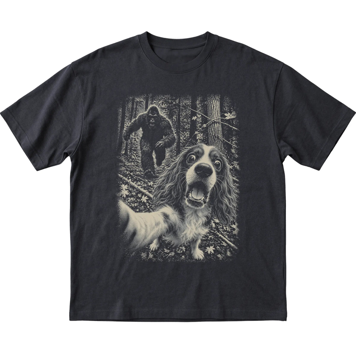 Black Cavalier King Charles Spaniel Bigfoot selfie T-shirt, full garment view