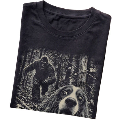 Black Cavalier King Charles Spaniel Bigfoot selfie T-shirt, close-up view