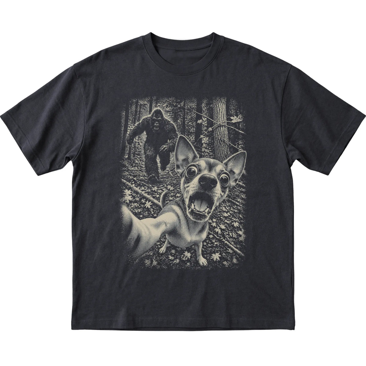 Black Chihuahua Bigfoot selfie T-shirt, full garment view