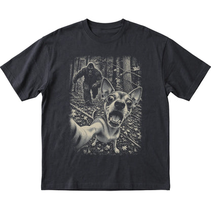 Black Chihuahua Bigfoot selfie T-shirt, full garment view