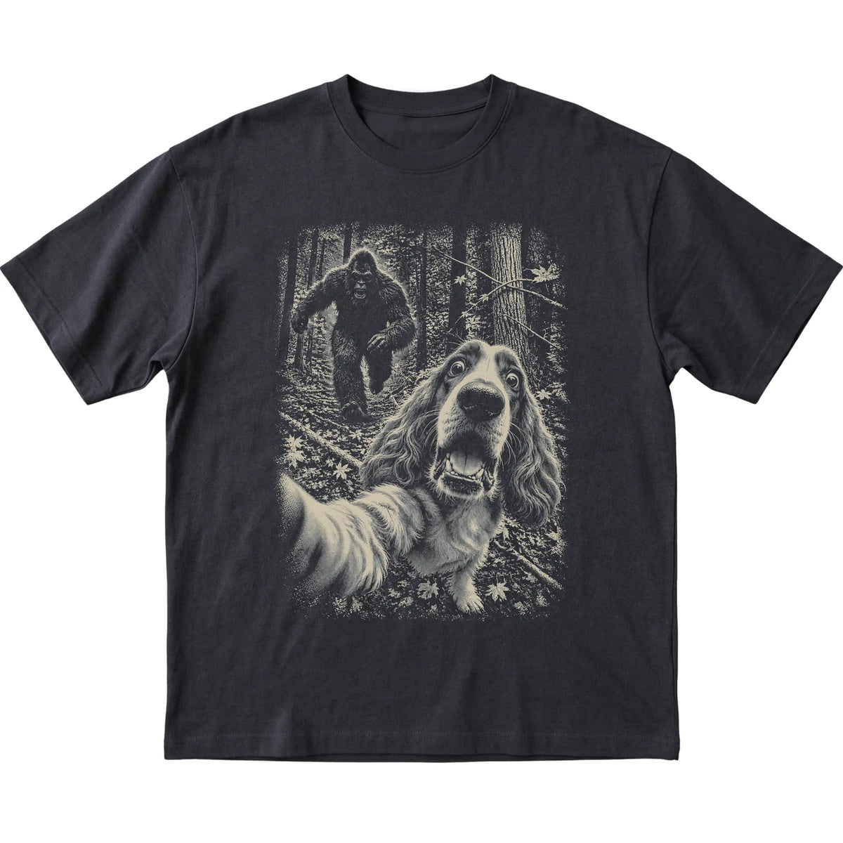 Black Cocker Spaniel Bigfoot selfie T-shirt, full garment view
