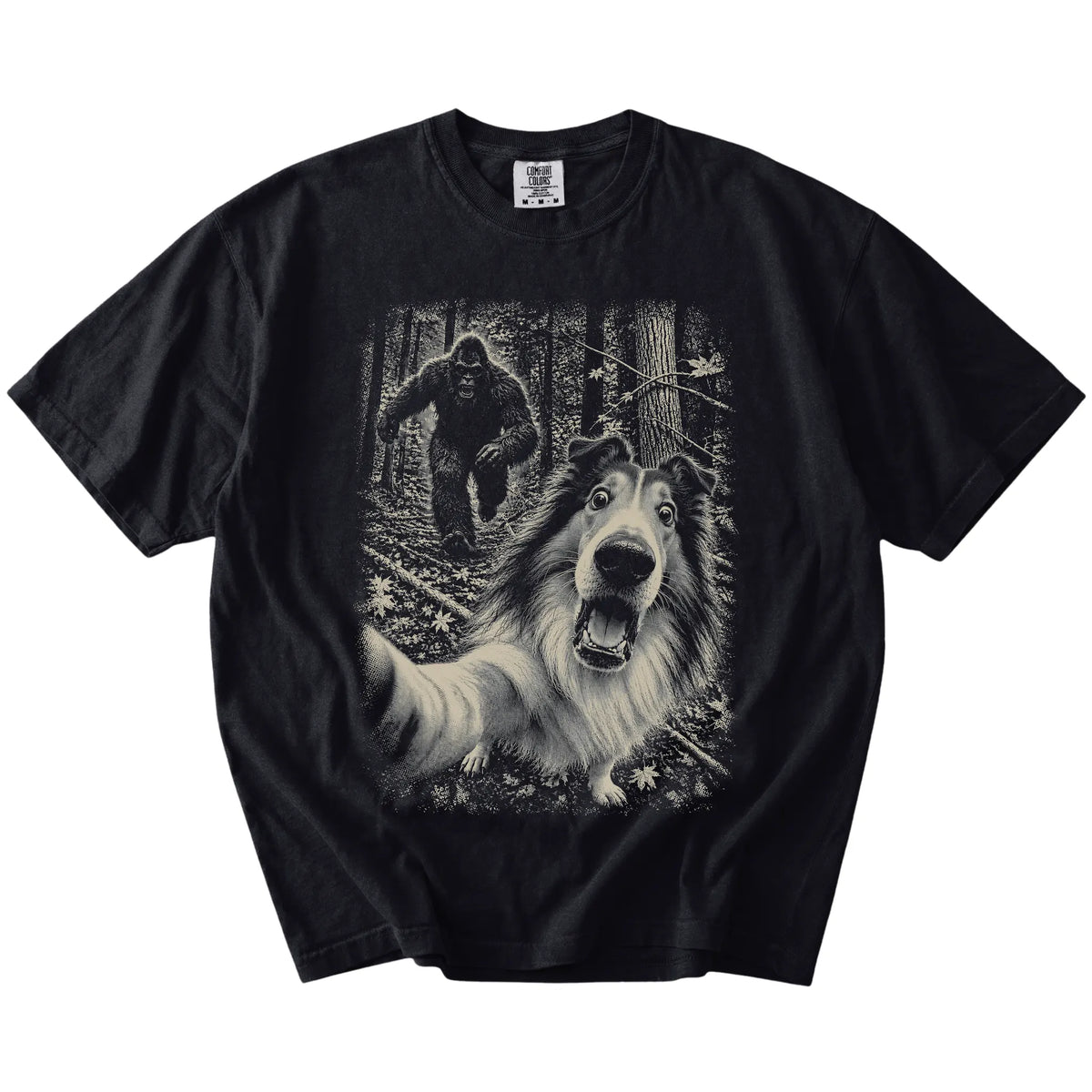 Black Collie Bigfoot selfie T-shirt, full garment view
