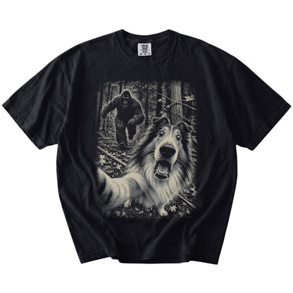Black Collie Bigfoot selfie T-shirt, full garment view