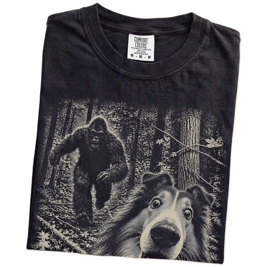 Black Collie Bigfoot selfie T-shirt, close-up view