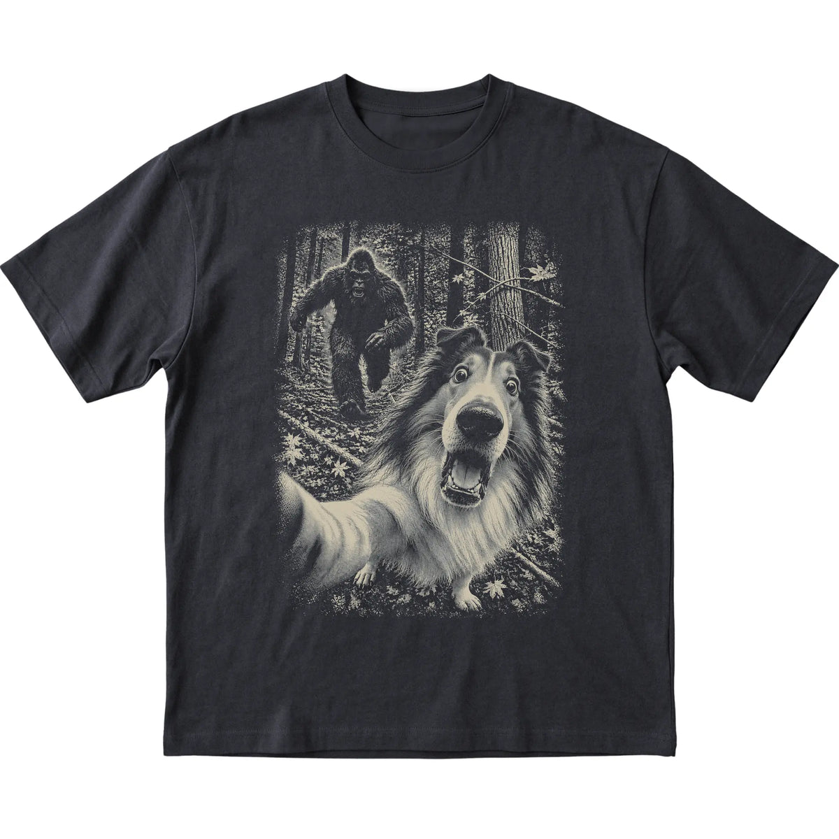 Black Collie Bigfoot selfie T-shirt, full garment view