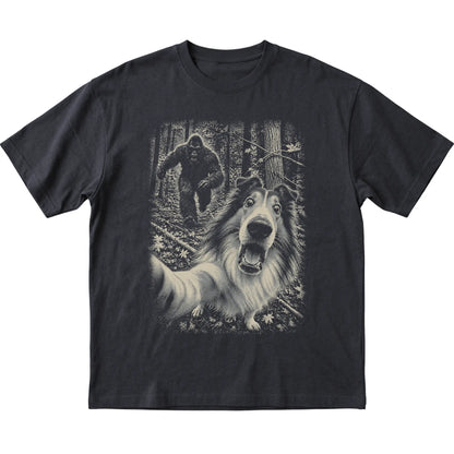 Black Collie Bigfoot selfie T-shirt, full garment view