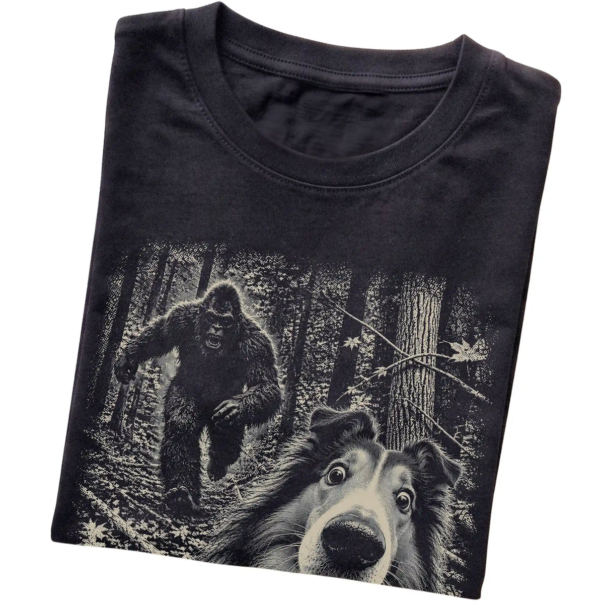 Black Collie Bigfoot selfie T-shirt, close-up view