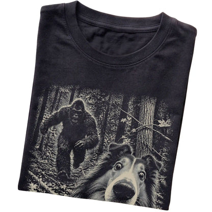 Black Collie Bigfoot selfie T-shirt, close-up view