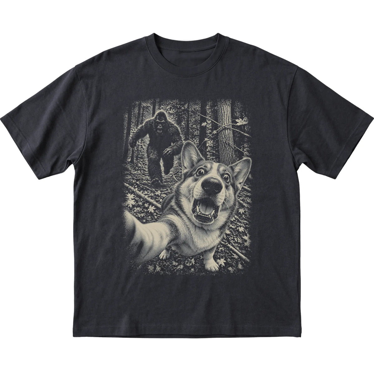 Black Corgi Bigfoot selfie T-shirt, full garment view