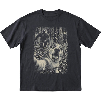 Black Corgi Bigfoot selfie T-shirt, full garment view
