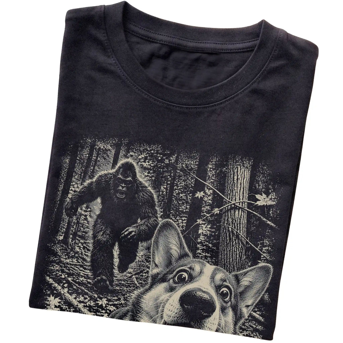 Black Corgi Bigfoot selfie T-shirt, close-up view