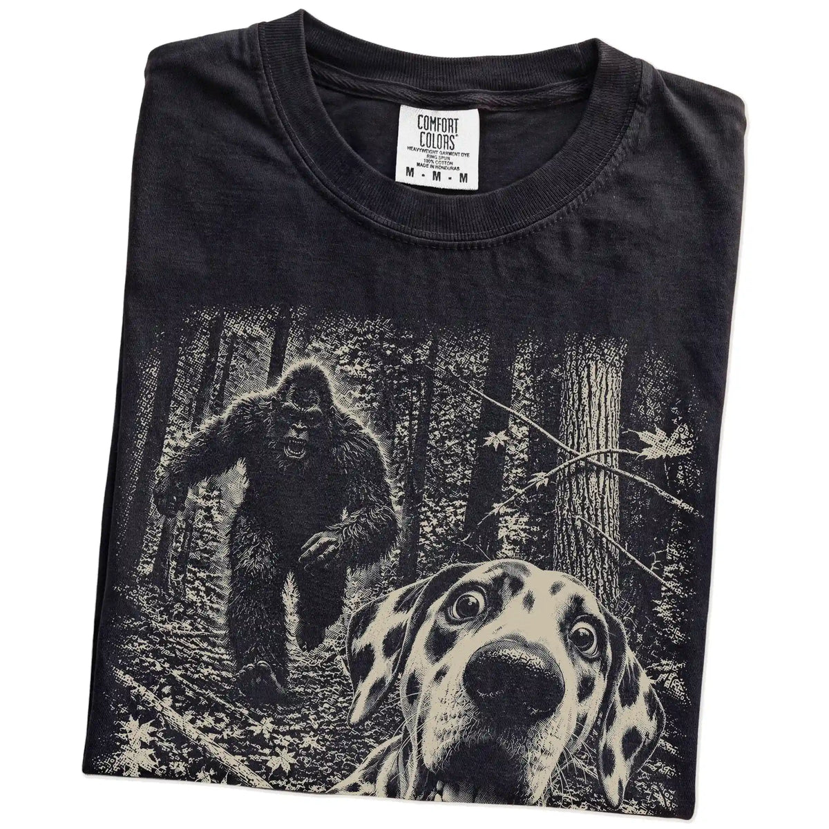 Black Dalmatian Bigfoot selfie T-shirt, close-up view
