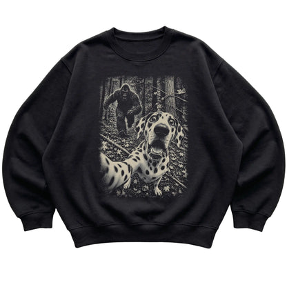 Black Dalmatian Bigfoot selfie sweatshirt, full garment view