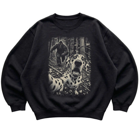 Black Dalmatian Bigfoot selfie sweatshirt, full garment view