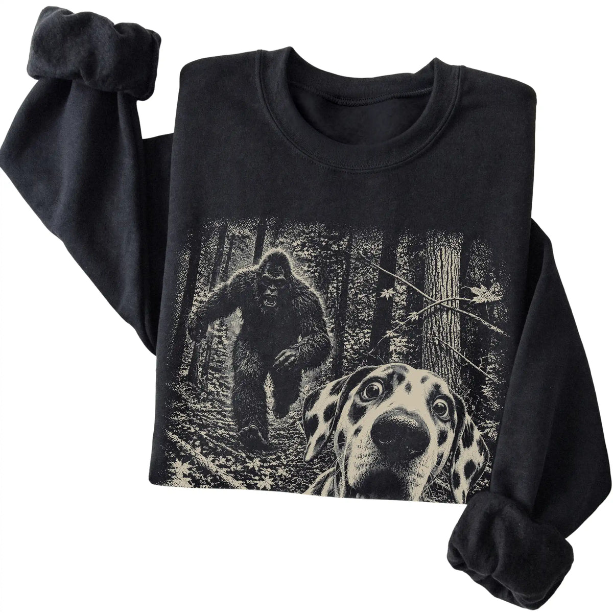 Black Dalmatian Bigfoot selfie sweatshirt, close-up view