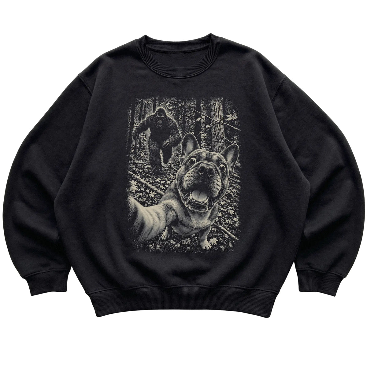 Black French Bulldog Bigfoot selfie sweatshirt, full garment view