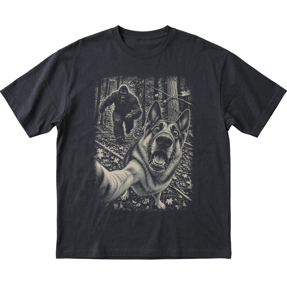 Black German Shepherd Bigfoot selfie T-shirt, full garment view