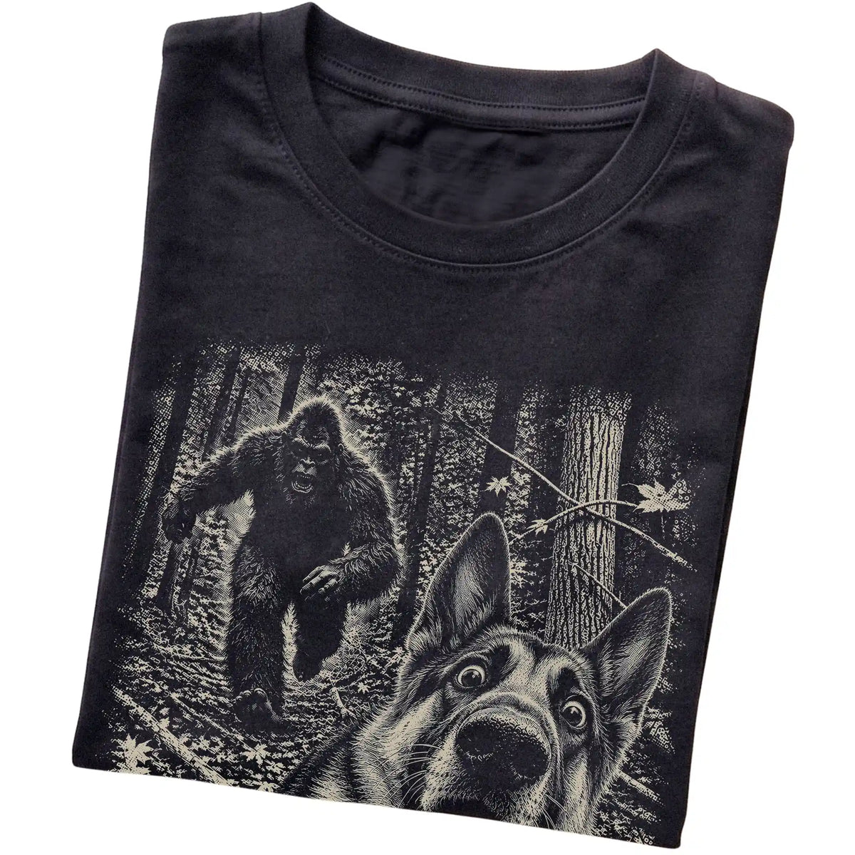 Black German Shepherd Bigfoot selfie T-shirt, close-up view
